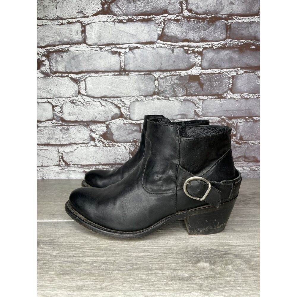 OVERLAND Black Leather Buckle Side Zip Western Ankle Boots Women’s Sz 8B US/39EU